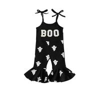 0-7 Years Baby Girl Halloween Outfits Toddler Ribbed Jumpsuit Boo Ghost Print Sleeveless Tie Up Strap Bell-Bottom Romper Kids Girl One Piece Overalls (Black, 18-24 Months)