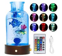 0.8ft Sensory Bubble Aquarium with 3 Fake Fishes, 16-Color Remote Control Night Light, Mini Glass Tank with Fake Plants & Wood Base, Air Pump Style Desktop Decor, Home Decor Gift for Kids & Adults.
