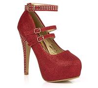 0141 Women's Platform Killer High Heel Glitter Diamante Stud Ankle Strap Twin Buckle Evening Party Clubbing Shoes 3-8 (Red, numeric_5)