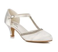 0150 Women's Satin Diamante T-Strap Low Kitten Heel Ankle Strap Bridal Wedding Special Occasion Mary Jane Court Shoes 3-8 (Ivory, Numeric_8)