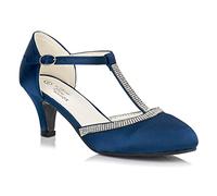 0150 Women's Satin Diamante T-Strap Low Kitten Heel Ankle Strap Bridal Wedding Special Occasion Mary Jane Court Shoes 3-8 (Navy Blue, Numeric_4)