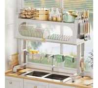 01en Cabinet Expandable Corner Shelf Revolving Storage Rack,Dish Drain Rack with Hanging Basket,Dish Drainer Drying Rack 2 Tier, 01en Large Dish Drying Rack Over The Sink, A-White-87cm