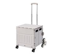 (02 White and Grey) 50L Collapsible Rolling Utility Crate Portable Handcart Shopping Trolley for Travel Shopping Moving Storage Office Use