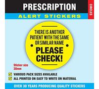 1,000 Prescription Alert Stickers - Supplied on a roll (Black & Yellow Same Name)
