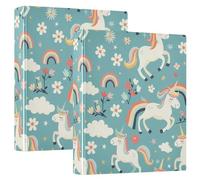 1 1/2 Inch 3 Ring Green Unicorn Cartoon Folders Holds 200 Sheets, Painting Folders with Round Rings, Office Binder, 12.4 x 10.6 x 2.36 inch