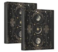 1-1/2 Inch Binders 3 Ring 2 Pack, Celestial Moons Black Three Ring Binder Decorative with Anti-Slip Clip, Durable Basic Binders for Work School Office