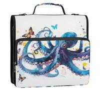 1 1/2 Inch Binders 3 Ring Blue Octopus Watercolor Binder Zipper Organizer School Binder Bag with Shoulder Strap Large Storage Portfolio Folder with Handle