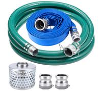 1 1/2 Inch Suction Hose Pump Kit for Water/Trash Pump Includes 1.5" X 65ft Blue Discharge Hose & 1.5" X 20ft Green Pvc Suction Hose & Aluminum Round Hole Suction Strainer, Cam And Groove Adapter