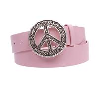 1 1/2" Snap On Belt With Round Perforated Floral Engraving Peace Sign Belt Buckle, Pink, XXL- 41"~43"