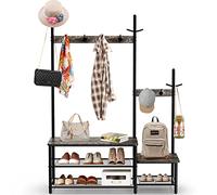 1+1 Hall Tree Coat Rack, Parent-Child Hall Tree with Bench and Shoe Storage for Parent and Child, Entryway Hall Tree Easy Assembly, Rustic Pine wood Industrial Accent Furniture with Steel Frame for