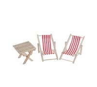 1/12 Dollhouse Miniature Wood Striped Lounge Chairs & Table Beach Set Red