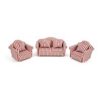 1:12 Mini Doll House Dollhouse Mini Sofa Set, Wood Fabric Furniture with 4 Pillows, Simple and Elegant Design, for Children, 3 Piece Set Orange Red Gold Striped Sofa