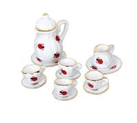 1/12 Miniature Porcelain Tea Set,15Pcs Dollhouse Decoration Accessories Dish Cup Plate Ladybug Print