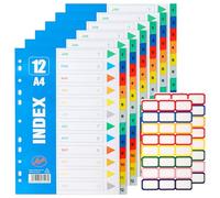 1-12 Part File Dividers A4, 6 Pack Folder Dividers, Multi-Colour Plastic A4 Index Folder Subject Dividers for Ring Binders & Lever Arch Files with Color Label Stickers for School Office Organization