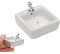 1:12 Scale Ceramic Sink with Removable Faucet - Miniature Dollhouse Bathroom and Kitchen Accessories for Victorian Style Decor, Realistic Doll House Furniture (Durable Resin Basin Set)