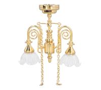 1:12 Scale Dollhouse Ceiling Light, Retro Mini Dollhouse Crystal Chandelier, Double Head Flower Ceiling Lamp with Vivid Details for Doll House Scene Layout (Gold)