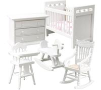1 12 Scale Dollhouse Furniture Set, Wooden Miniature Furniture Includes Baby Crib, Rocking Horse, Chair, Cabinet Baby Bedroom Dollhouse Accessories, White 1 12 Scale