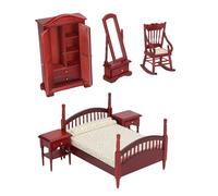 1/12 Scale Dollhouses Bedroom Set 6Pcs Realistic Wood Furniture Retro Bedside Table Miniature Decors