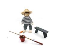 1/12 Scale Dollhouses Fishing Toy Set Portable Bucket Bench Hat Tiny Rod Creative Role Play Accessories For Children Miniature Fishing Accessories