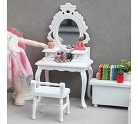 1:12 Scale Miniature Dollhouse Dresser Table with Stool - Retro Mirror Vanity Table Mini Dressing Table Stool Set Wooden Dollhouse Furniture for 1/12 Doll House Decor White