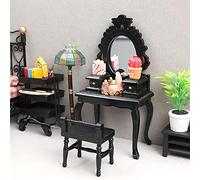 1:12 Scale Miniature Dollhouse Dresser Table with Stool - Retro Mirror Vanity Table Mini Dressing Table Stool Set Wooden Dollhouse Furniture for 1/12 Doll House Decor Black