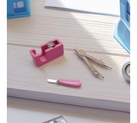 1:12 Scale Miniature Office Set: Tape Dispenser, Compass & Faux Craft Knives, Realistic Alloy Props (Pink)