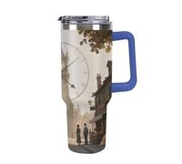 1.18l (40OZ) Stainless Steel Thermos with Handle and Straw Lid The Tapered Design Fits in Your Car's Cup Holder Magic Clock Tower Town Patterned Thermos A Must-Have for Camping and Fitness