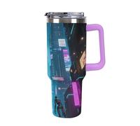 1.18l （40OZ） Stainless Steel Thermos with Handle and Straw Lid The Tapered Design Fits in Your Car's Cup Holder Future City Patterned Thermos A Must-Have for Camping and Fitness