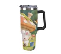 1.18l (40OZ) Stainless Steel Thermos with Handle and Straw Lid The Tapered Design Fits in Your Car's Cup Holder Rabbit Planting Flowers Patterned Thermos A Must-Have for Camping and Fitness