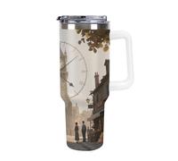 1.18l (40OZ) Stainless Steel Thermos with Handle and Straw Lid The Tapered Design Fits in Your Car's Cup Holder Magic Clock Tower Town Patterned Thermos A Must-Have for Camping and Fitness