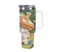 1.18l (40OZ) Stainless Steel Thermos with Handle and Straw Lid The Tapered Design Fits in Your Car's Cup Holder Rabbit Planting Flowers Patterned Thermos A Must-Have for Camping and Fitness
