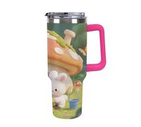 1.18l (40OZ) Stainless Steel Thermos with Handle and Straw Lid The Tapered Design Fits in Your Car's Cup Holder Rabbit Planting Flowers Patterned Thermos A Must-Have for Camping and Fitness