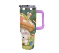 1.18l (40OZ) Stainless Steel Thermos with Handle and Straw Lid The Tapered Design Fits in Your Car's Cup Holder Rabbit Planting Flowers Patterned Thermos A Must-Have for Camping and Fitness