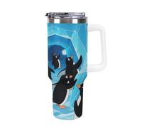 1.18l （40OZ） Stainless Steel Thermos with Handle and Straw Lid The Tapered Design Fits in Your Car's Cup Holder Penguin on an Adventure Patterned Thermos A Must-Have for Camping and Fitness