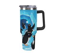 1.18l （40OZ） Stainless Steel Thermos with Handle and Straw Lid The Tapered Design Fits in Your Car's Cup Holder Penguin on an Adventure Patterned Thermos A Must-Have for Camping and Fitness
