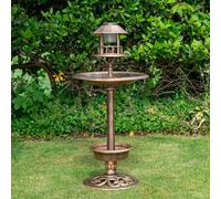 Garden Bird Bath & Feeding Table Station & Solar LED Light Bronze Effect BSOLAR