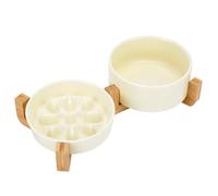1.2 Cup Elevated Slow Feeder Set, 7.3" Ceramic Slow Feeding Bowl + 6.11" Water Bowl with Acacia Wood Stand, Anti-Choking Non-Slip Puzzle Feeder for Small Dogs