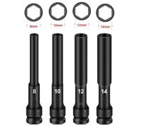 1/2 Drive for Socket Wrench Hex Head 8-14mm Thin-Walled Adapter Spanner Converter for Deep Spaces, 4-Piece Set, Chrome-Vanadium Steel