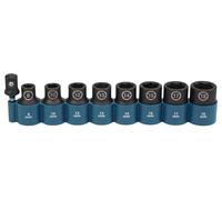 Makita E-16645 Impact Black Impact Socket Set 1/2 Inch 9-Piece SW8 - SW18 with Adaptor 50 mm 1/4 Inch Hex to 1/2 Inch Square, Chrome-Molybdenum, Impact Sockets 38 mm Long