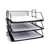 1,2 or 3 Tiers Office Mesh Filing Front Loading Silver Black Trays Documents Letters (3 Black Trays + Risers)
