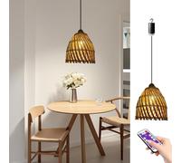 1/2 Packs Pendant Lights Kitchen Island, Battery Operated Rattan Chandelier with Remote Control Timer, Indoor Outdoor by 4*AA Batteries Boho for Dining Room Garden Farmhouse (1 Pack)