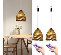 1/2 Packs Pendant Lights Kitchen Island, Battery Operated Rattan Chandelier with Remote Control Timer, Indoor Outdoor by 4*AA Batteries Boho for Dining Room Garden Farmhouse (2Packs)
