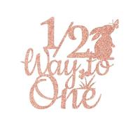1/2 Way to One Cake Topper, Bunny 1/2 Birthday Cake Decor, Spring Easter Baby Half Way to One Party Decorations, Rose Gold Glitter