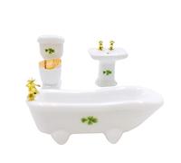 1/24 Dollhouse Miniature Bathroom Set Ceramic Bathtub Toilet 4 Leaf Grass, four leaf clover white