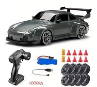 1:24 RC Drift Car 4WD High-Speed Remote Control Racing Car with Interchangeable Tires, LED Lights, 2.4G Proportional Radio, Alloy Plastic Body for Indoor Outdoor Track Drifting - Smog Blue