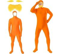 1-2PC Orange Jumpsuit Morph Suit Costume Adult Yellow Moustache Fake Beard and Eyebrows Full Body Open Face Fancy Dress Costume Accessories Bodysuit Cosplay for Men Parties