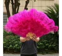 1/2pcs Natural White Ostrich Feather Fan for 13 Bone Big Hand Held Folding Fan 90-130CM Craft Carnival Wedding Stage Dance Decor-Rose Red-130CM 2PCS
