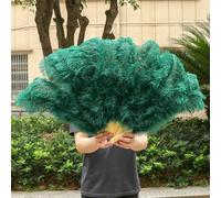 1/2pcs Natural White Ostrich Feather Fan for 13 Bone Big Hand Held Folding Fan 90-130CM Craft Carnival Wedding Stage Dance Decor-Dark Green-130CM 2PCS
