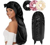 1+3 Long Satin Bonnets with Scrunchies for Women Sleeping, Double Layer Large Braid Bonnet with Tie Band, B - Black, One size