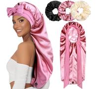1+3 Long Satin Bonnets with Scrunchies for Women Sleeping, Double Layer Large Braid Bonnet with Tie Band, #a - Rose Gold, One size
